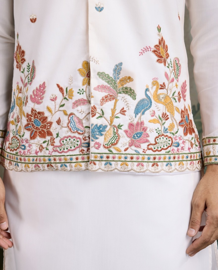 61232-white - Designer White Cotton Kurta with Embroidered Koti